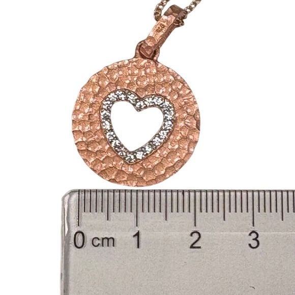 Rose Gold Tone Hammered Disc Heart Charm Necklace Pave CZ - Picture 3 of 4